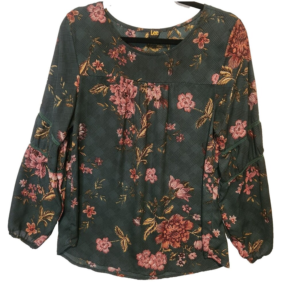 Lee Floral Plaid Balloon Sleeve Blouse Women's L Crochet Lace Green Boho Westen